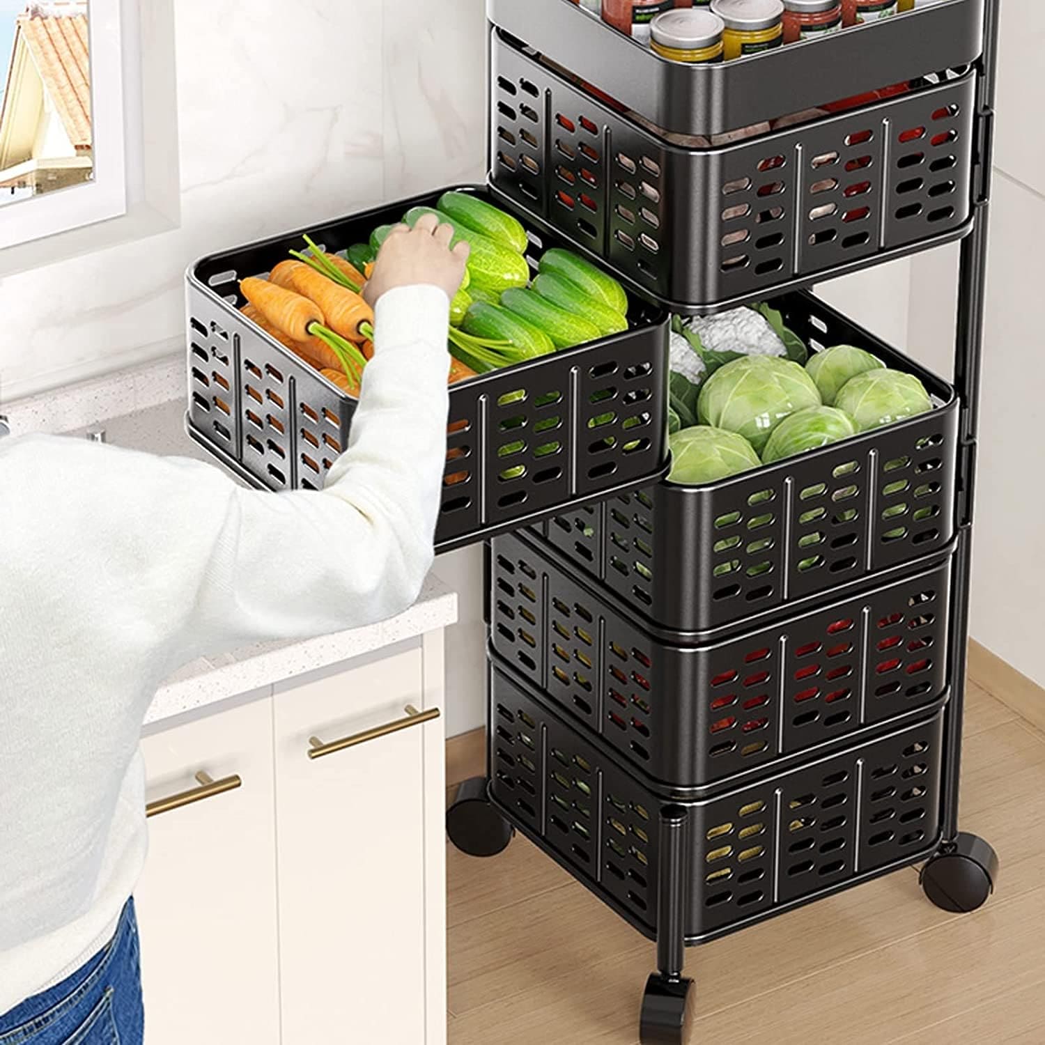 Square Multi Tier Rotating Storage Basket, 360° Rotating Fruit and Vegetable Stand, Kitchen Storage Rack with Mesh Baskets & Wheels, Mobile Kitchen Storage Fruit and Vegetable Holder Square Multi Tier Rotating Storage Basket, 360° Rotating Fruit and Vegetable Stand, Kitchen Storage Rack with Mesh Baskets & Wheels, Mobile Kitchen Storage Fruit and Vegetable Holder